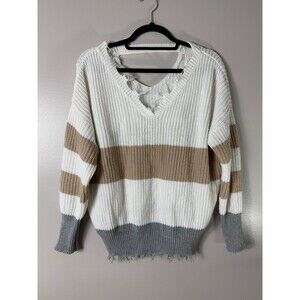 Moon &‎ Madison Color Block Knit Oversized Sweater V Neck Fringe Rough Edges M